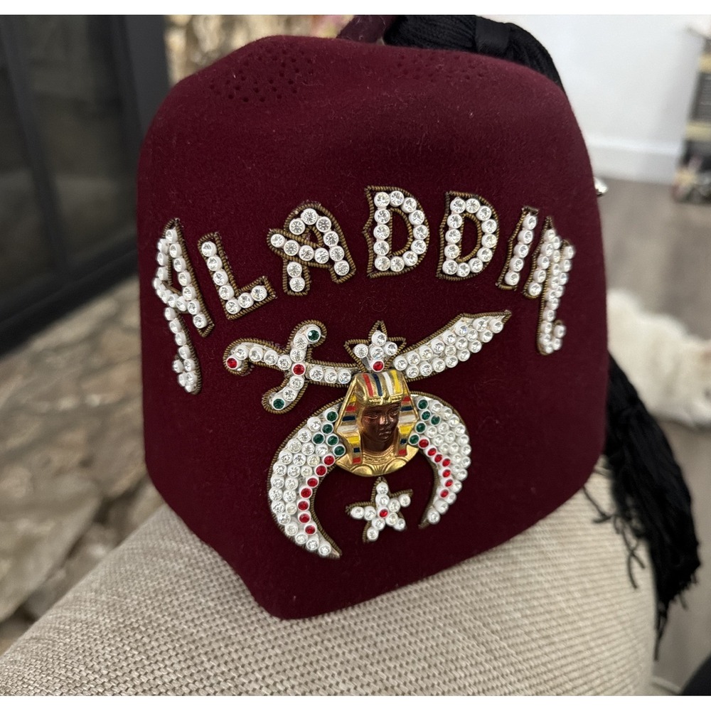 Masonic Aladdin Shriner Fez Hat Jeweled Rhinestones Tassel Pins Burgandy Pins